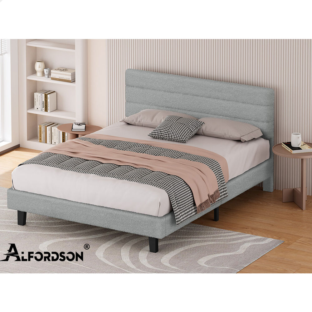 ALFORDSON Bed Frame Double Size Boucle Mattress Base Platform Wooden Grey