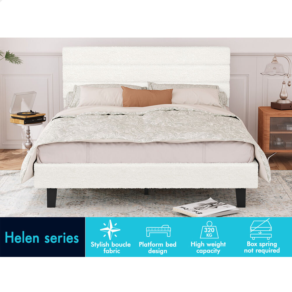 ALFORDSON Bed Frame Double Size Boucle White Mattress Base Platform