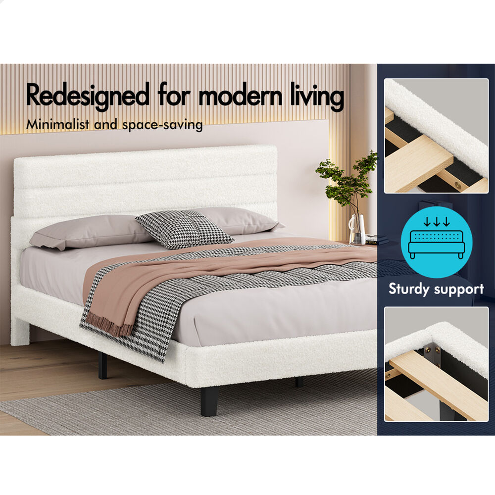 ALFORDSON Bed Frame Double Size Boucle White Mattress Base Platform