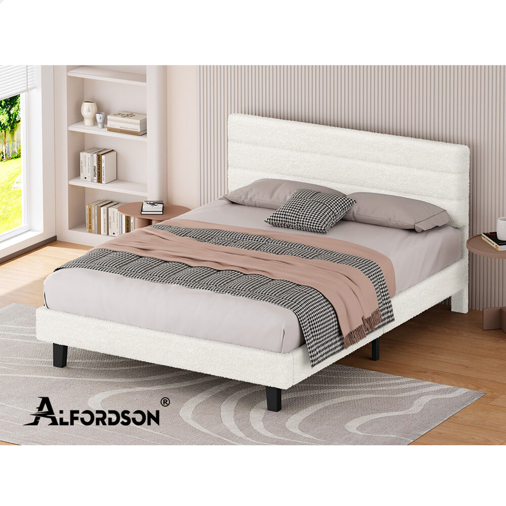 ALFORDSON Bed Frame Queen Size Boucle White Mattress Base Platform