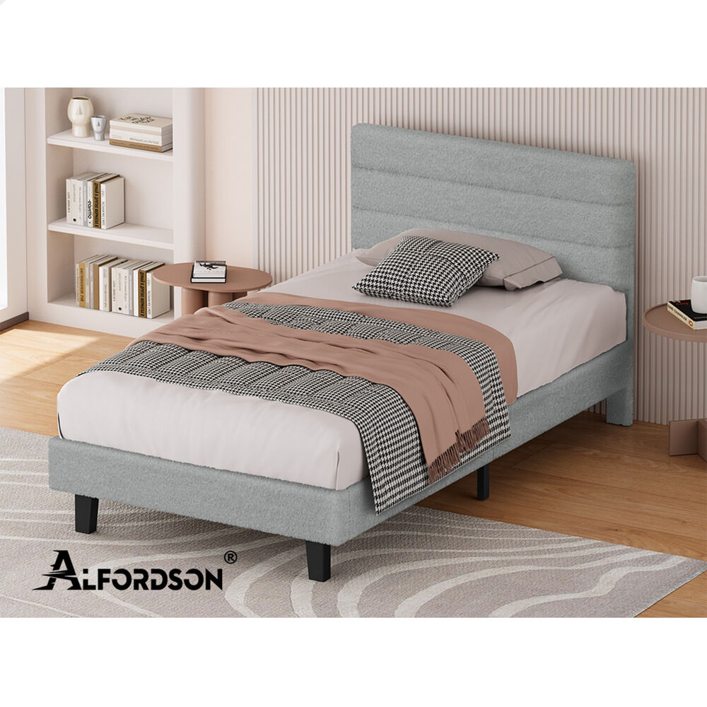 ALFORDSON Bed Frame Single Size Boucle Mattress Base Platform Wooden Grey