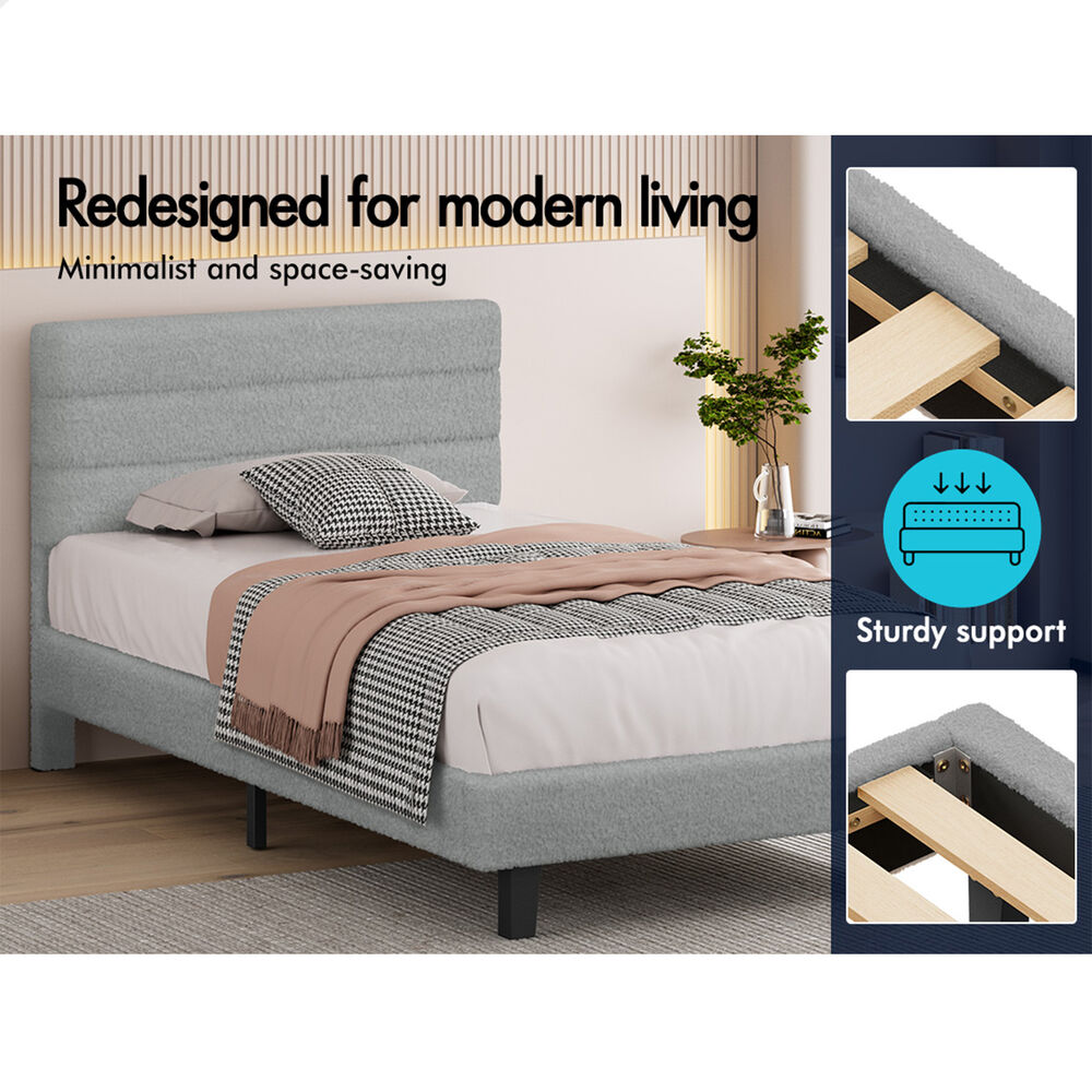 ALFORDSON Bed Frame Single Size Boucle Mattress Base Platform Wooden Grey