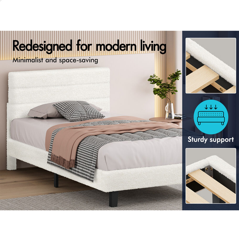 ALFORDSON Bed Frame Single Size Boucle White Mattress Base Platform