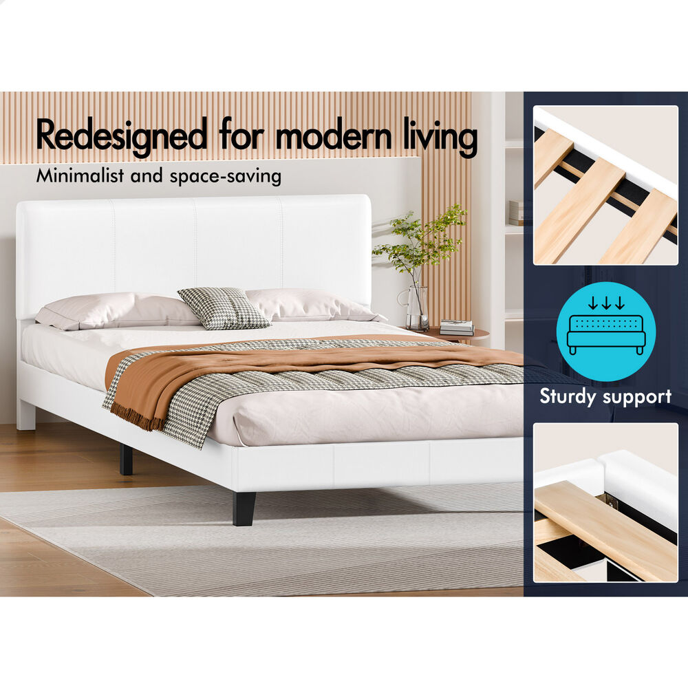 ALFORDSON Bed Frame Queen Size Mattress Base Platform Leather White Linus