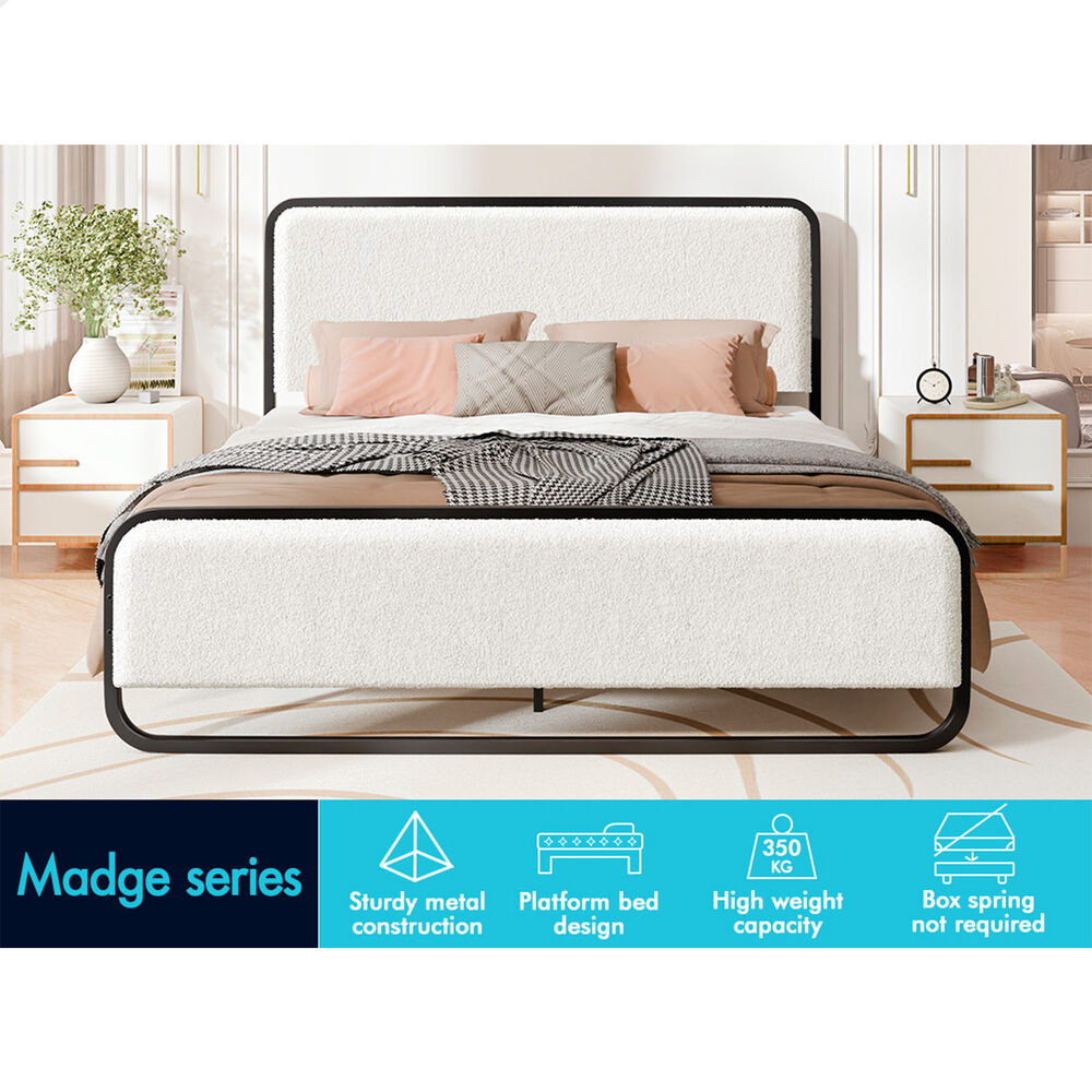 ALFORDSON Metal Bed Frame King Upholstered Headboard Boucle White Platform