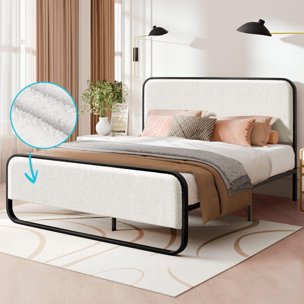 ALFORDSON Metal Bed Frame King Upholstered Headboard Boucle White Platform