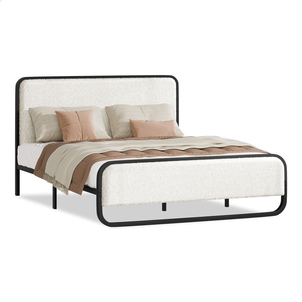 ALFORDSON Metal Bed Frame King Upholstered Headboard Boucle White Platform