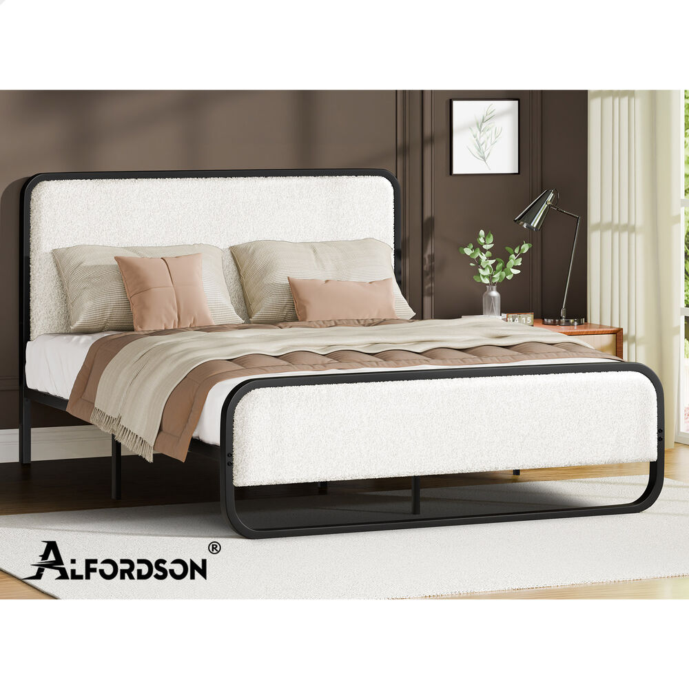 ALFORDSON Metal Bed Frame King Upholstered Headboard Boucle White Platform