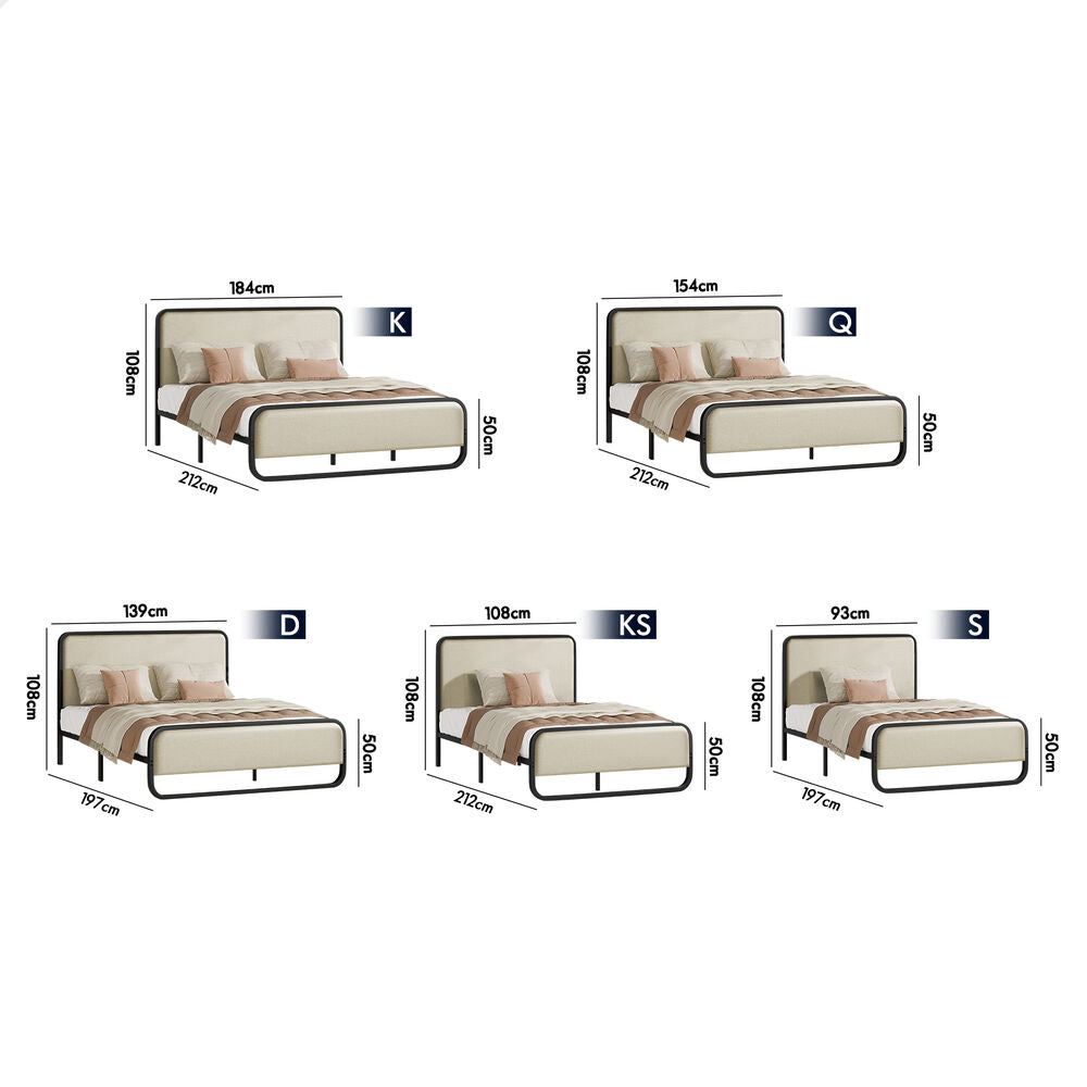 ALFORDSON Metal Bed Frame King Upholstered Headboard Fabric Beige Platform
