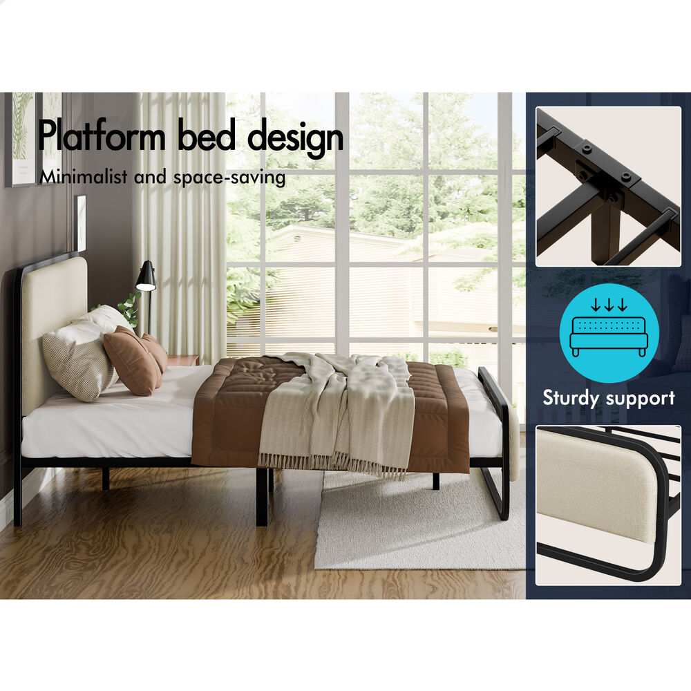ALFORDSON Metal Bed Frame King Upholstered Headboard Fabric Beige Platform