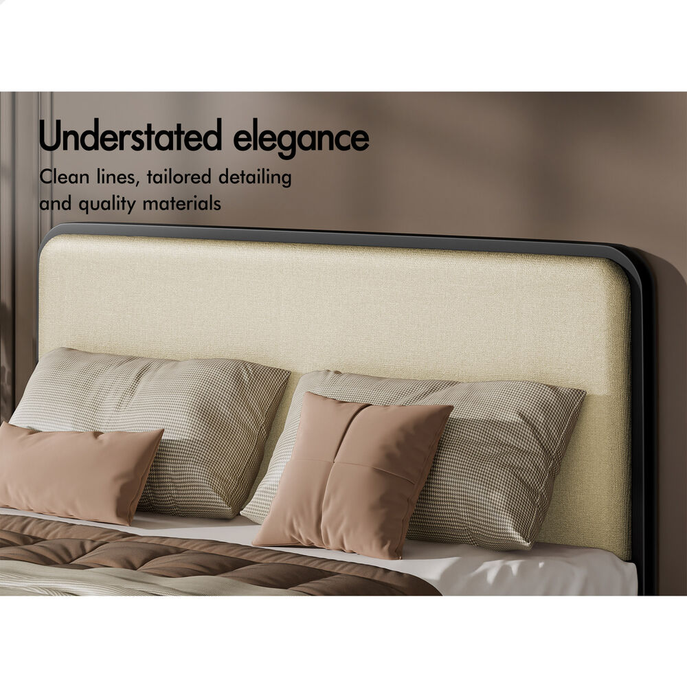 ALFORDSON Metal Bed Frame King Upholstered Headboard Fabric Beige Platform