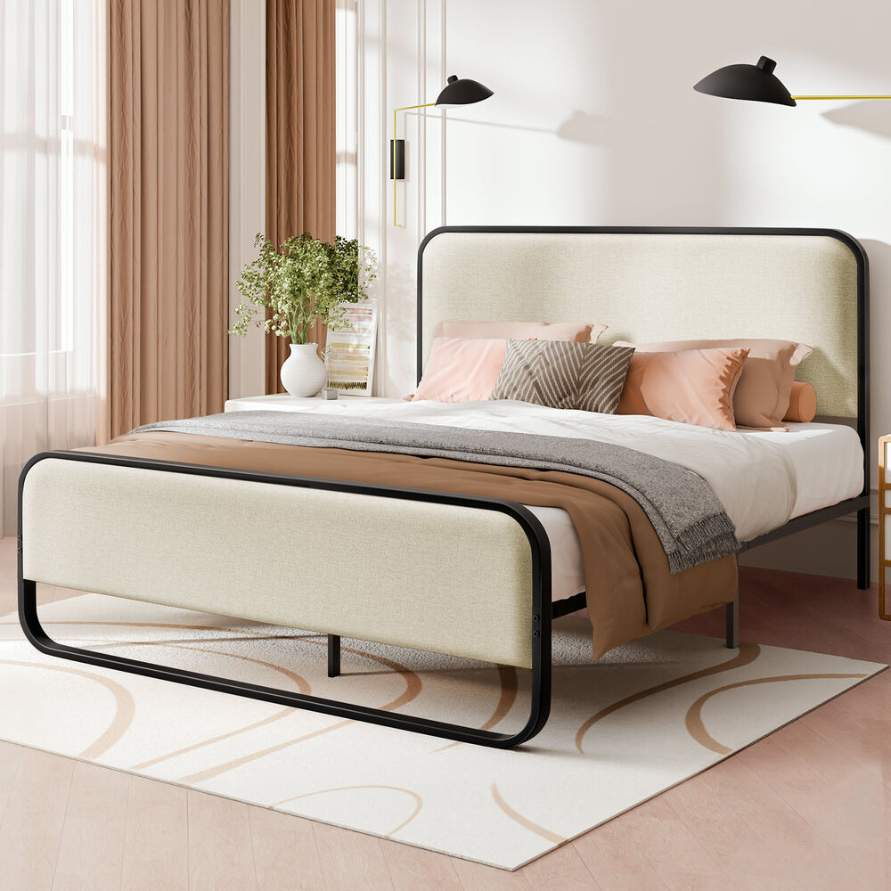 ALFORDSON Metal Bed Frame King Upholstered Headboard Fabric Beige Platform
