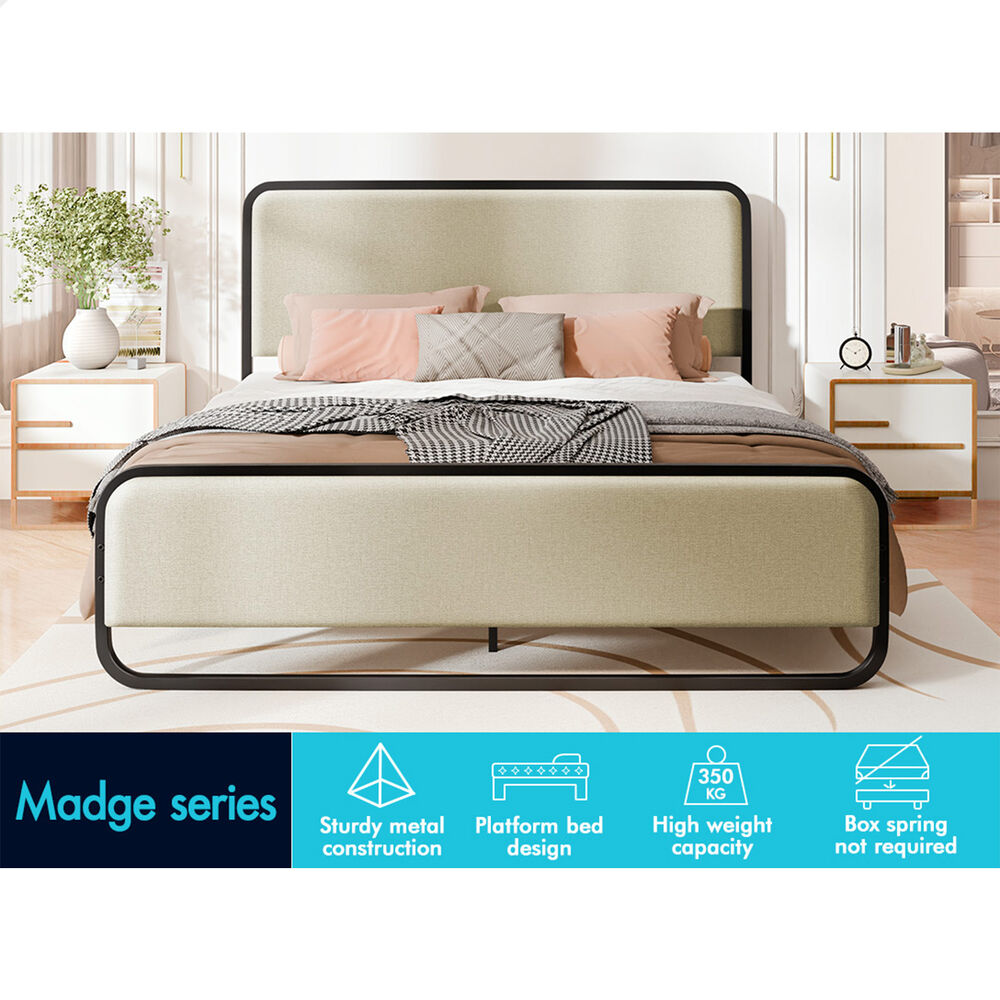 ALFORDSON Metal Bed Frame King Upholstered Headboard Fabric Beige Platform