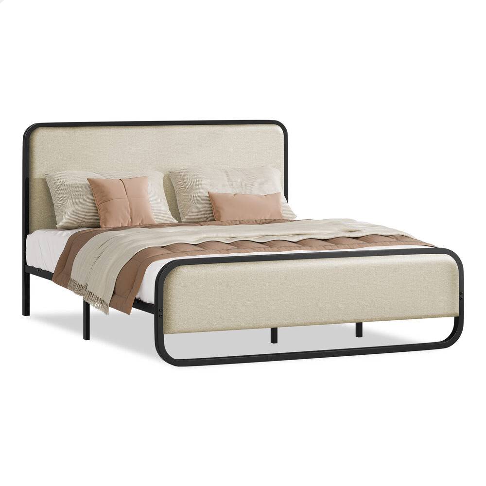 ALFORDSON Metal Bed Frame King Upholstered Headboard Fabric Beige Platform
