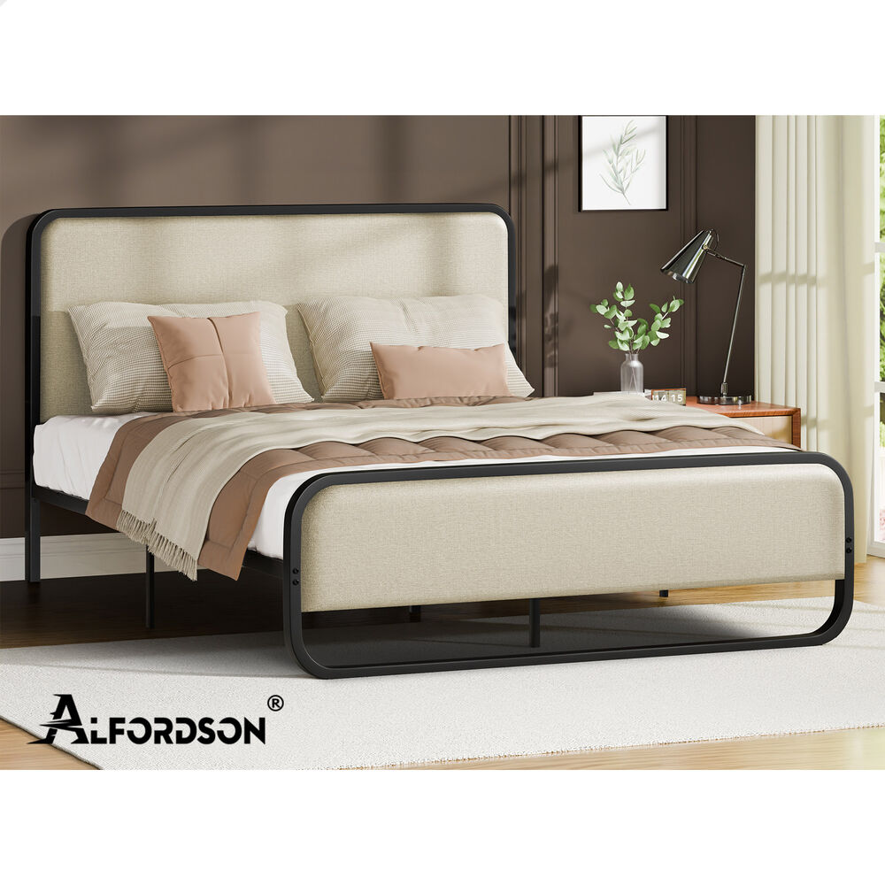 ALFORDSON Metal Bed Frame King Upholstered Headboard Fabric Beige Platform