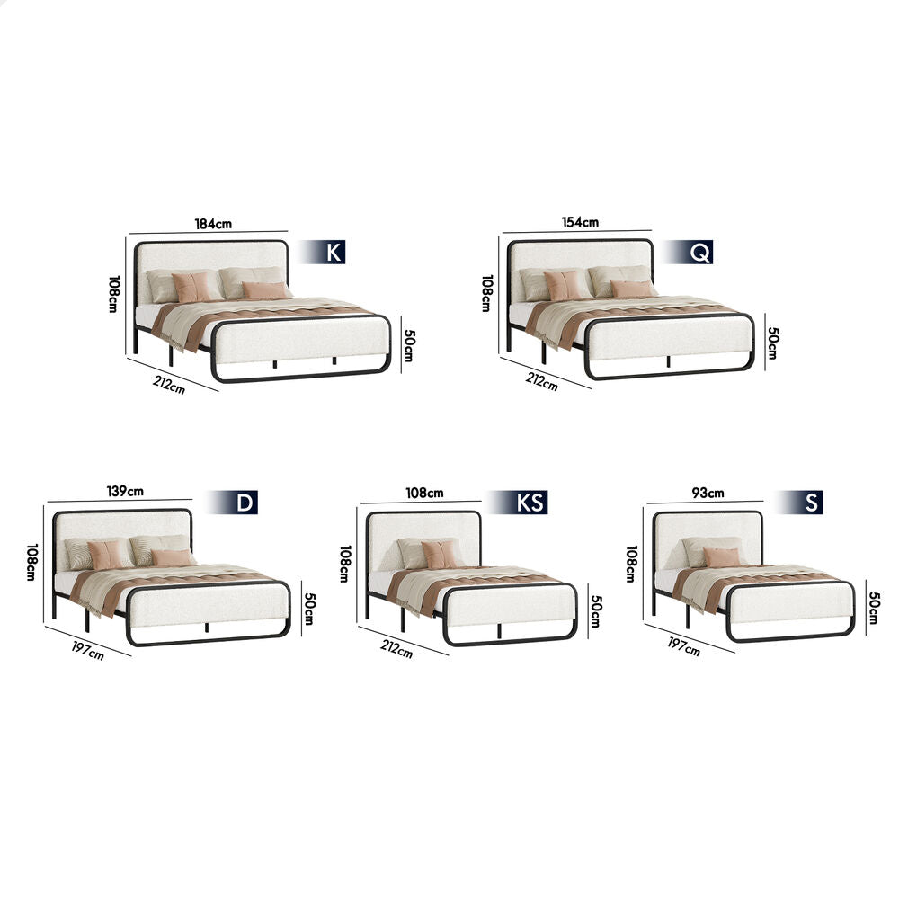 ALFORDSON Metal Bed Frame King Single Size Upholstered Headboard Boucle White
