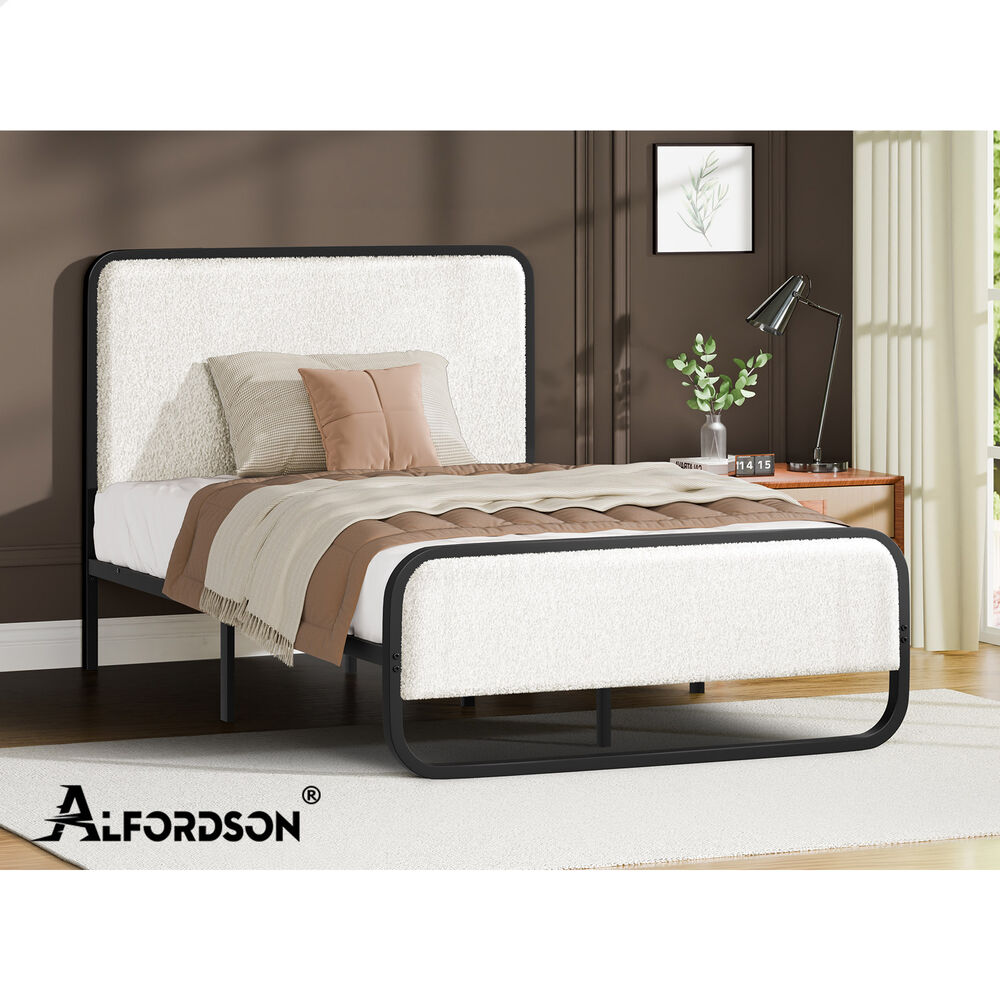 ALFORDSON Metal Bed Frame King Single Size Upholstered Headboard Boucle White