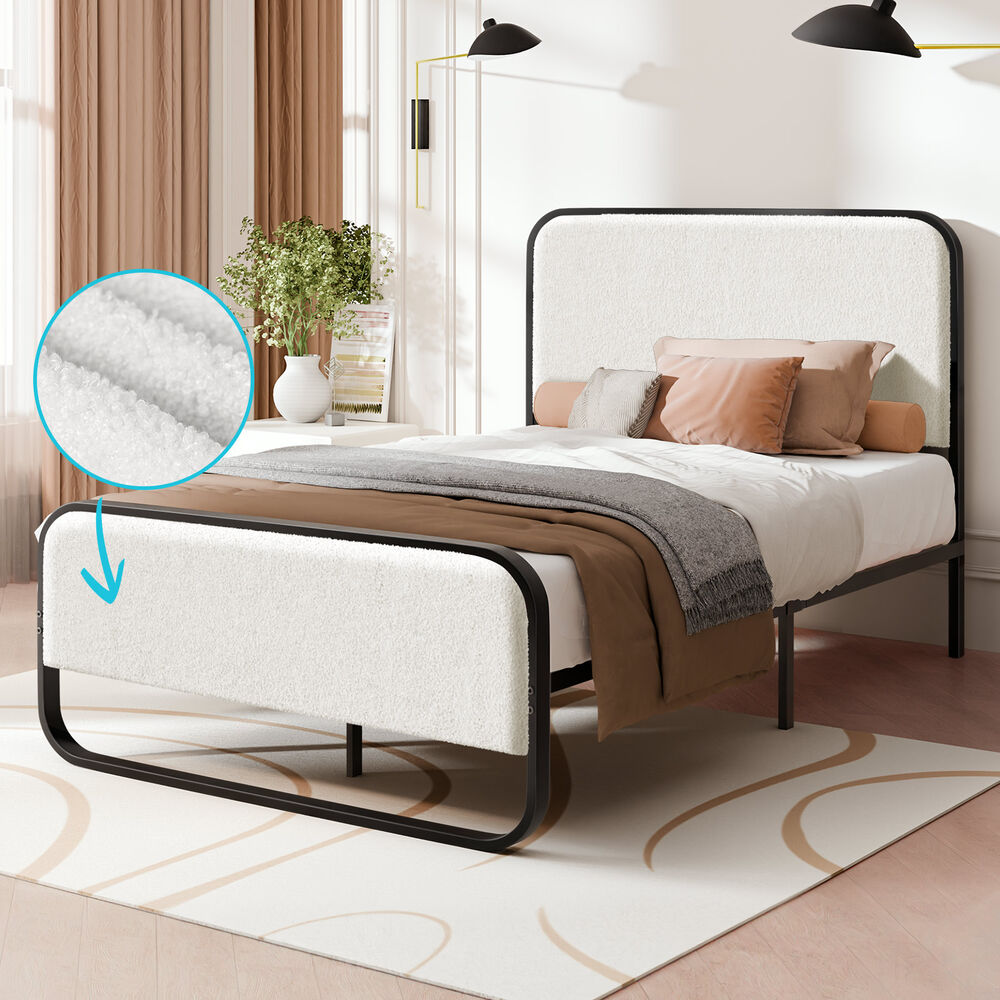 ALFORDSON Metal Bed Frame King Single Size Upholstered Headboard Boucle White