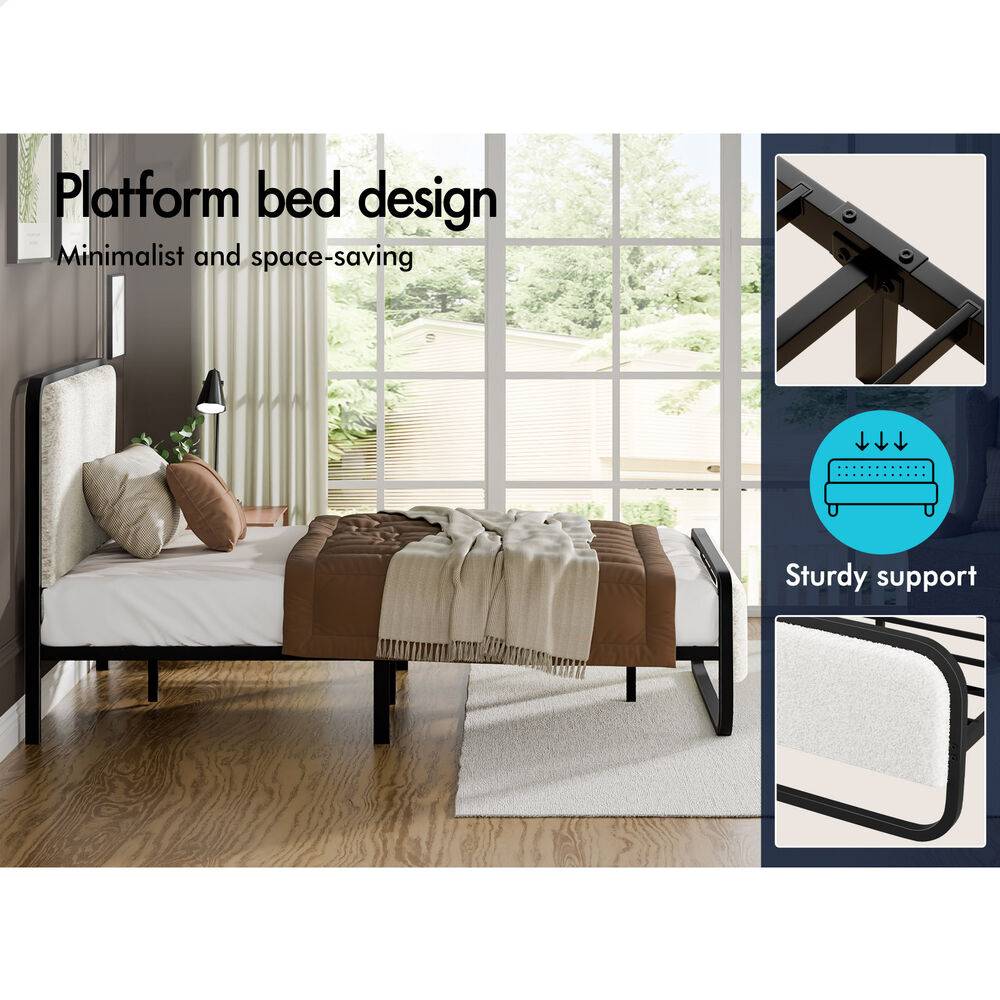 ALFORDSON Metal Bed Frame King Single Size Upholstered Headboard Boucle White