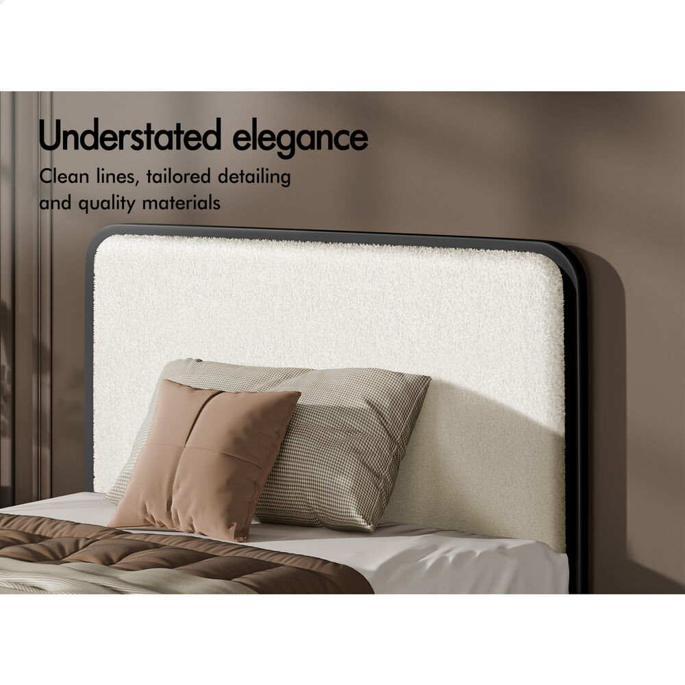 ALFORDSON Metal Bed Frame King Single Size Upholstered Headboard Boucle White