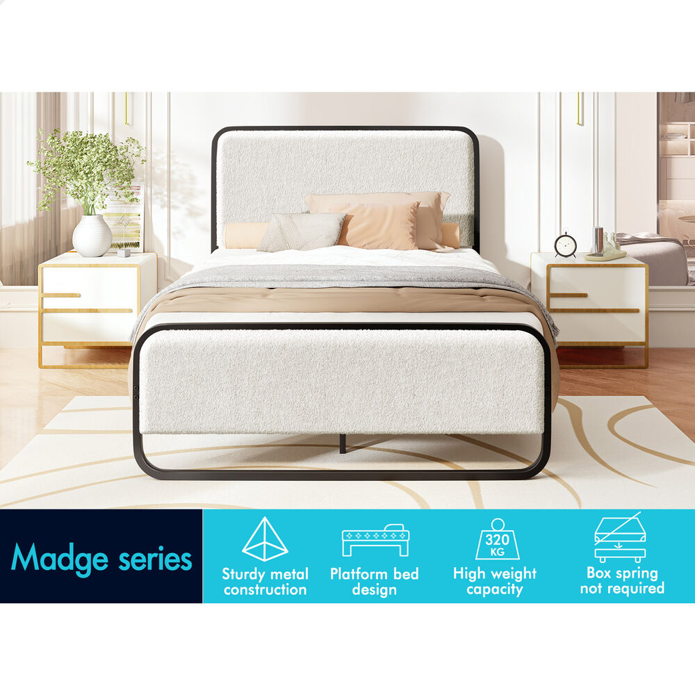 ALFORDSON Metal Bed Frame King Single Size Upholstered Headboard Boucle White