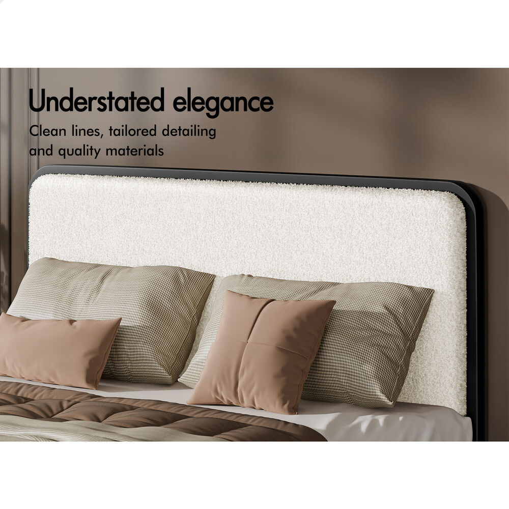 ALFORDSON Metal Bed Frame Queen Upholstered Headboard Boucle White Platform