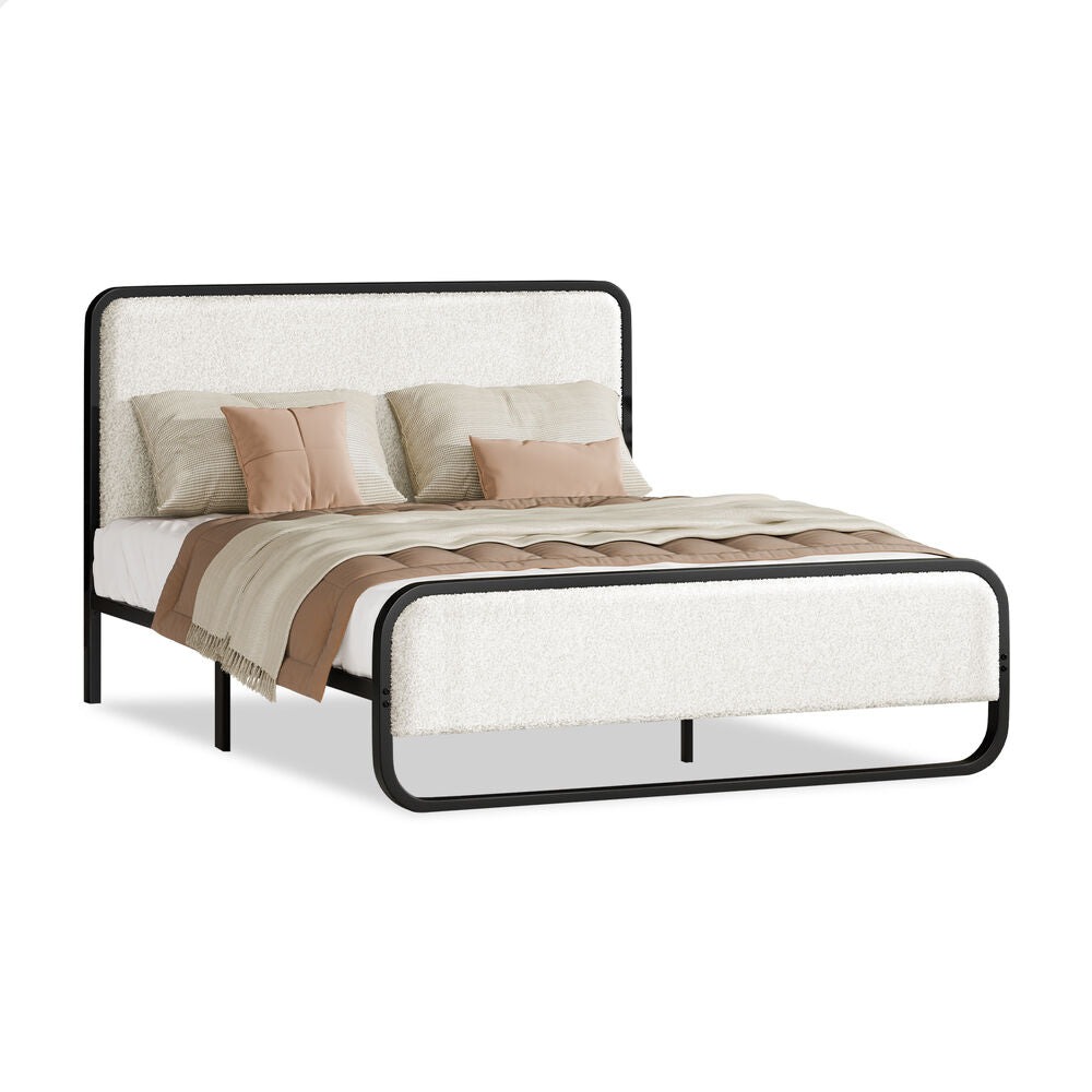 ALFORDSON Metal Bed Frame Queen Upholstered Headboard Boucle White Platform