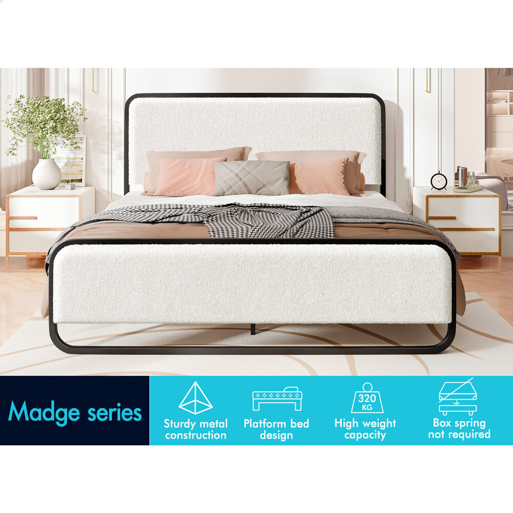 ALFORDSON Metal Bed Frame Queen Upholstered Headboard Boucle White Platform