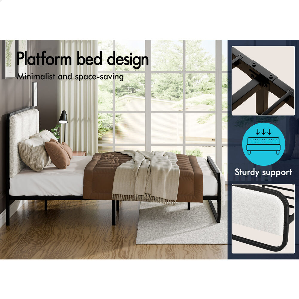 ALFORDSON Metal Bed Frame Queen Upholstered Headboard Boucle White Platform