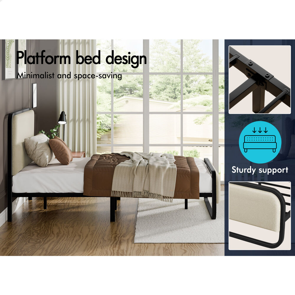 ALFORDSON Metal Bed Frame Single Upholstered Headboard Fabric Beige Platform