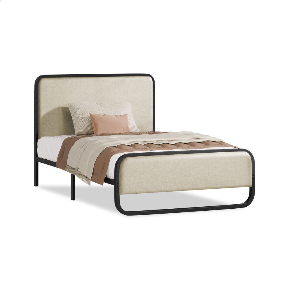 ALFORDSON Metal Bed Frame Single Upholstered Headboard Fabric Beige Platform