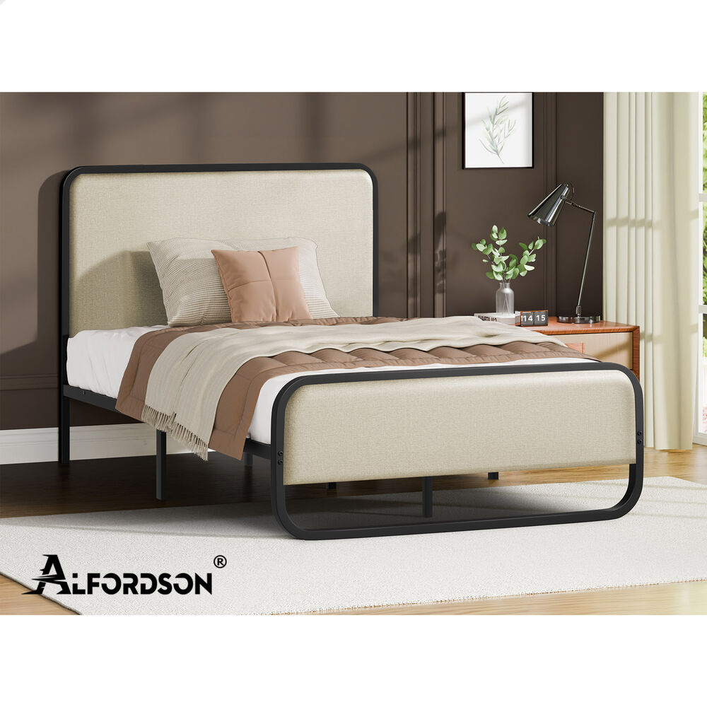 ALFORDSON Metal Bed Frame Single Upholstered Headboard Fabric Beige Platform