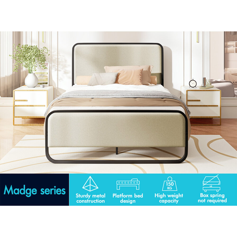 ALFORDSON Metal Bed Frame Single Upholstered Headboard Fabric Beige Platform
