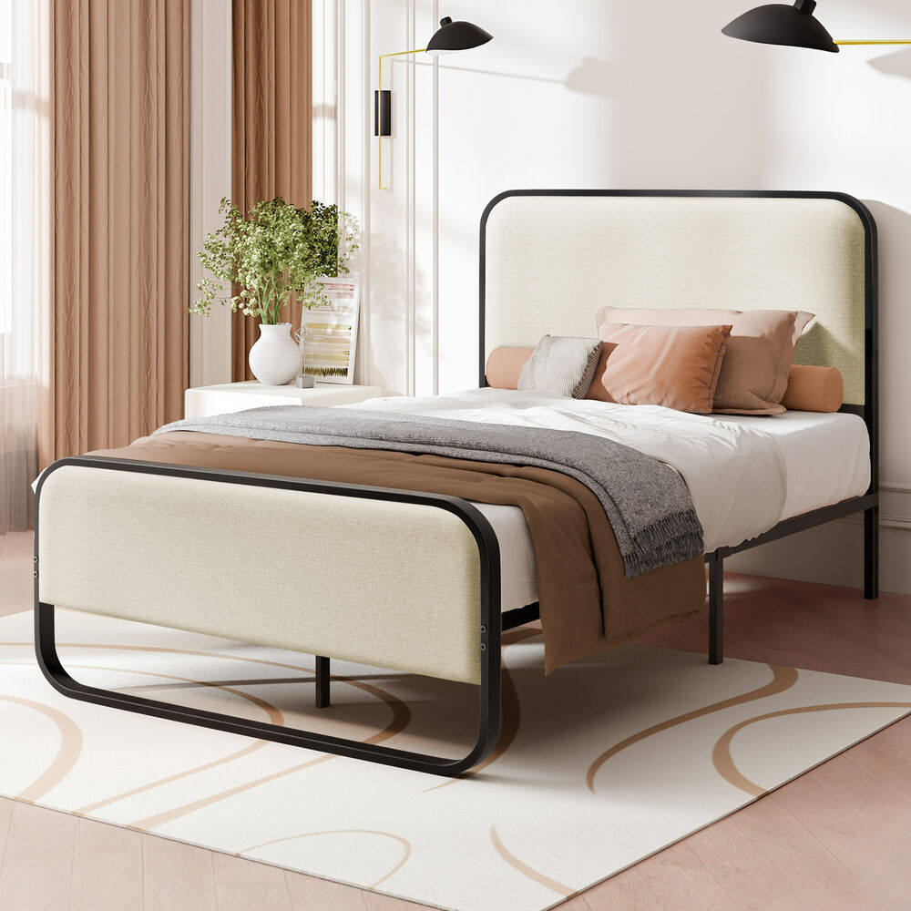 ALFORDSON Metal Bed Frame Single Upholstered Headboard Fabric Beige Platform