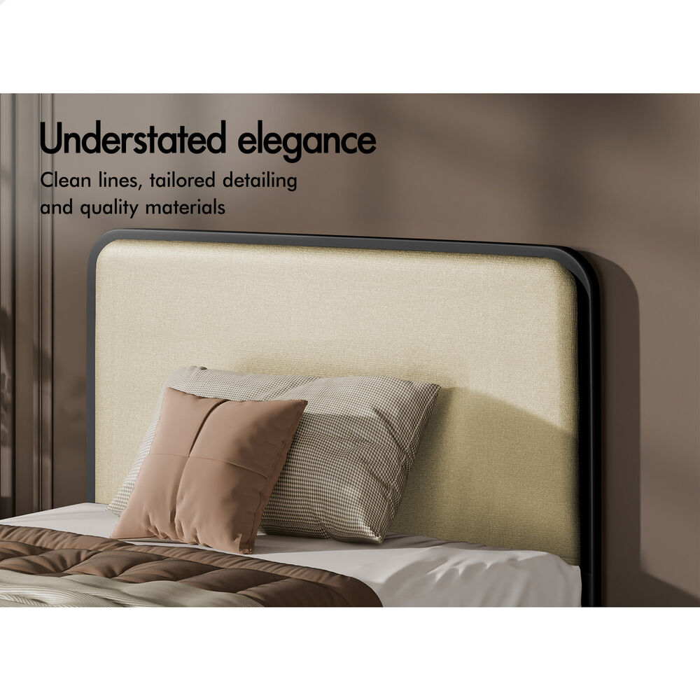 ALFORDSON Metal Bed Frame Single Upholstered Headboard Fabric Beige Platform