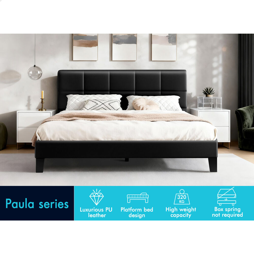 ALFORDSON Bed Frame Queen Size Wooden Slats Platform Leather Black Paula