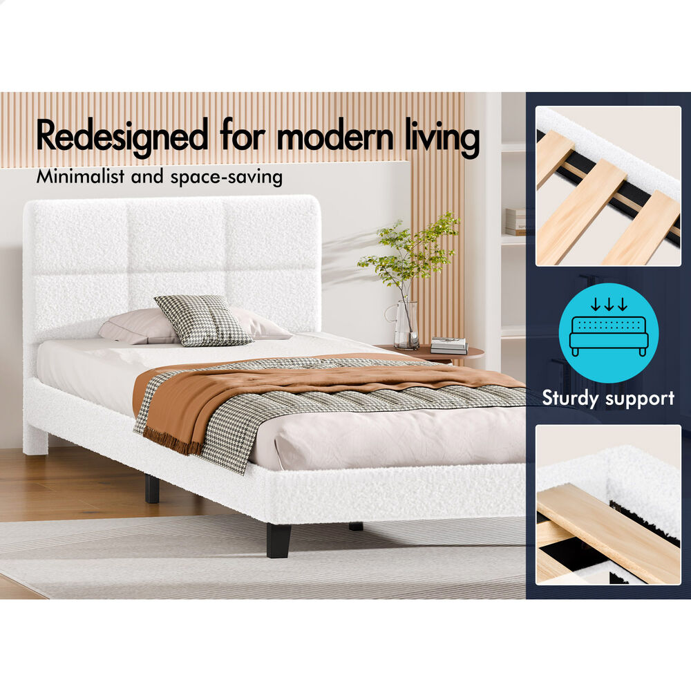 ALFORDSON Bed Frame Single Size Wooden Slats Platform Boucle White Paula