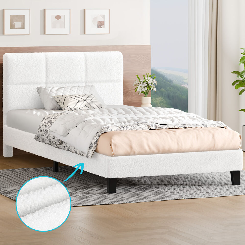 ALFORDSON Bed Frame Single Size Wooden Slats Platform Boucle White Paula