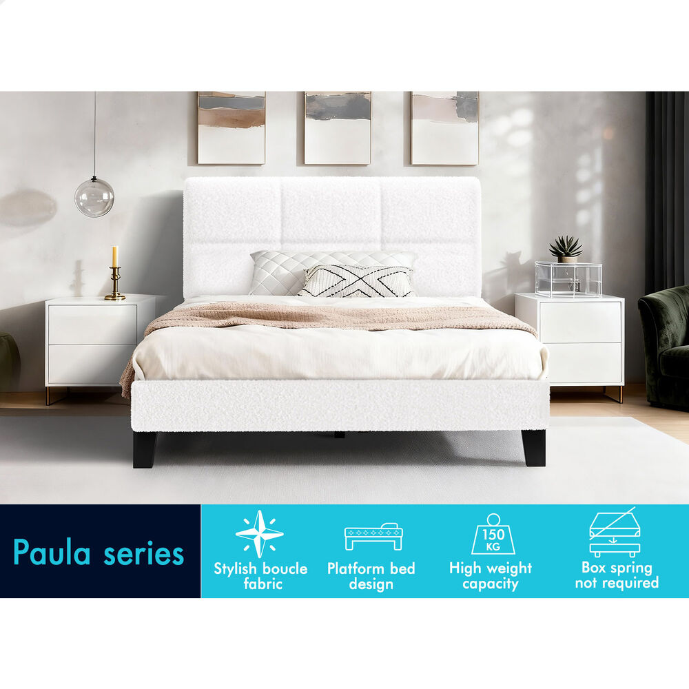 ALFORDSON Bed Frame Single Size Wooden Slats Platform Boucle White Paula