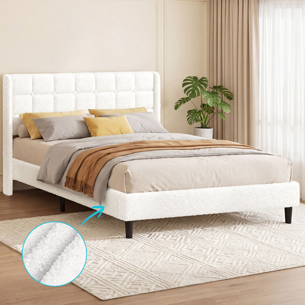 ALFORDSON Bed Frame King Size Upholstered Wingback Boucle White Mattress Base
