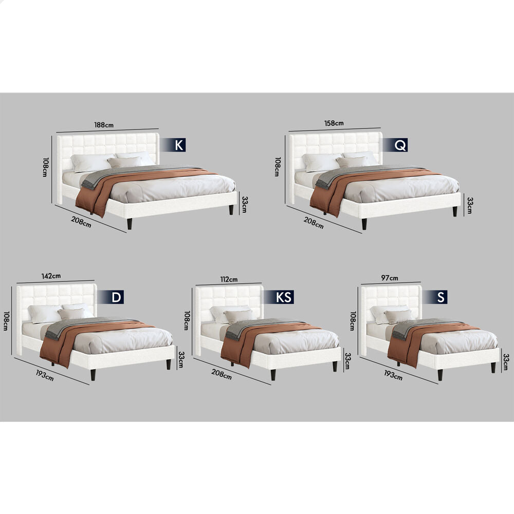 ALFORDSON Bed Frame King Single Upholstered Wingback Boucle White Mattress Base