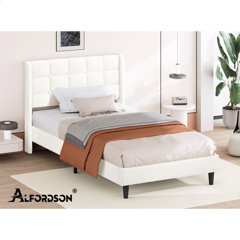 ALFORDSON Bed Frame King Single Upholstered Wingback Boucle White Mattress Base