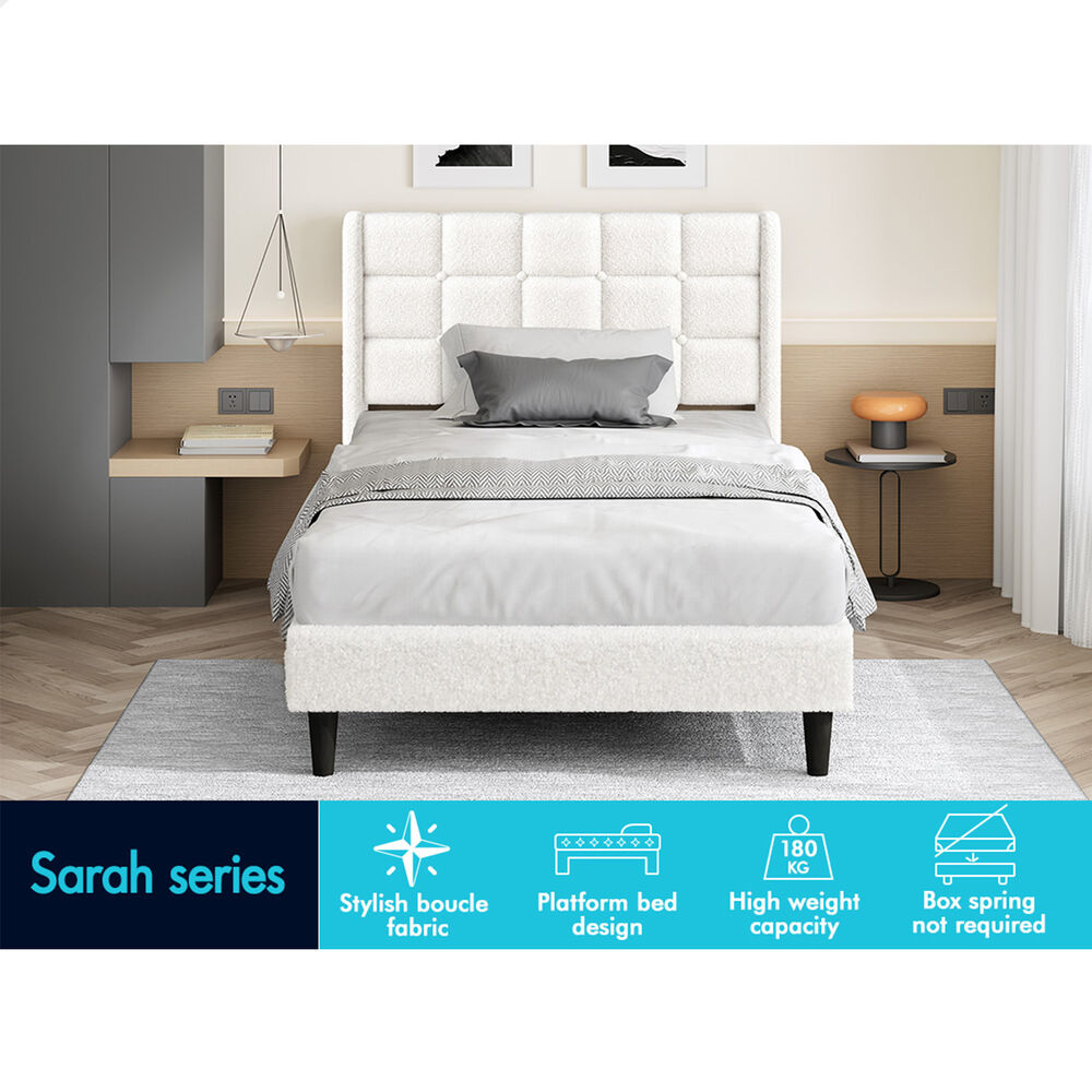ALFORDSON Bed Frame King Single Upholstered Wingback Boucle White Mattress Base