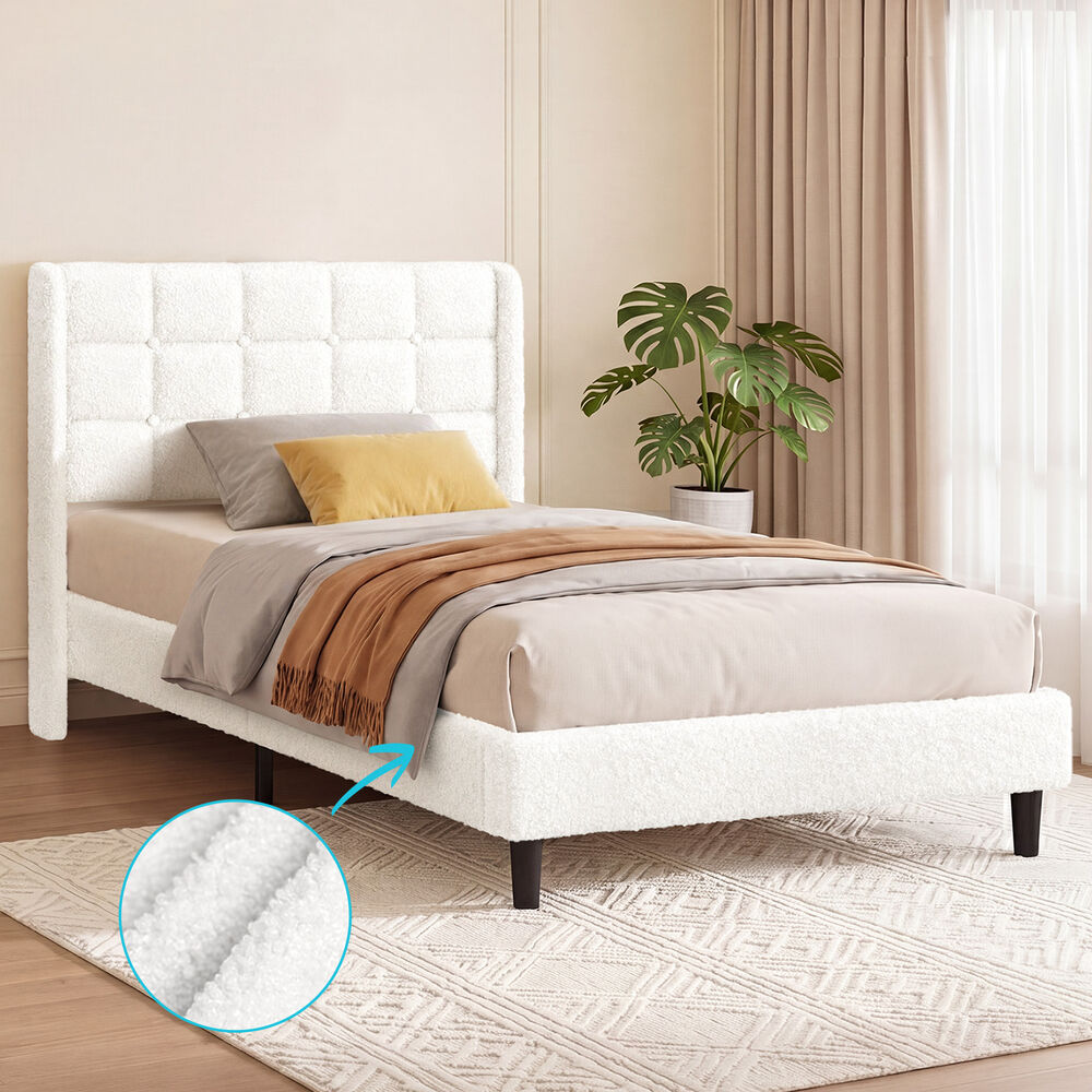 ALFORDSON Bed Frame King Single Upholstered Wingback Boucle White Mattress Base