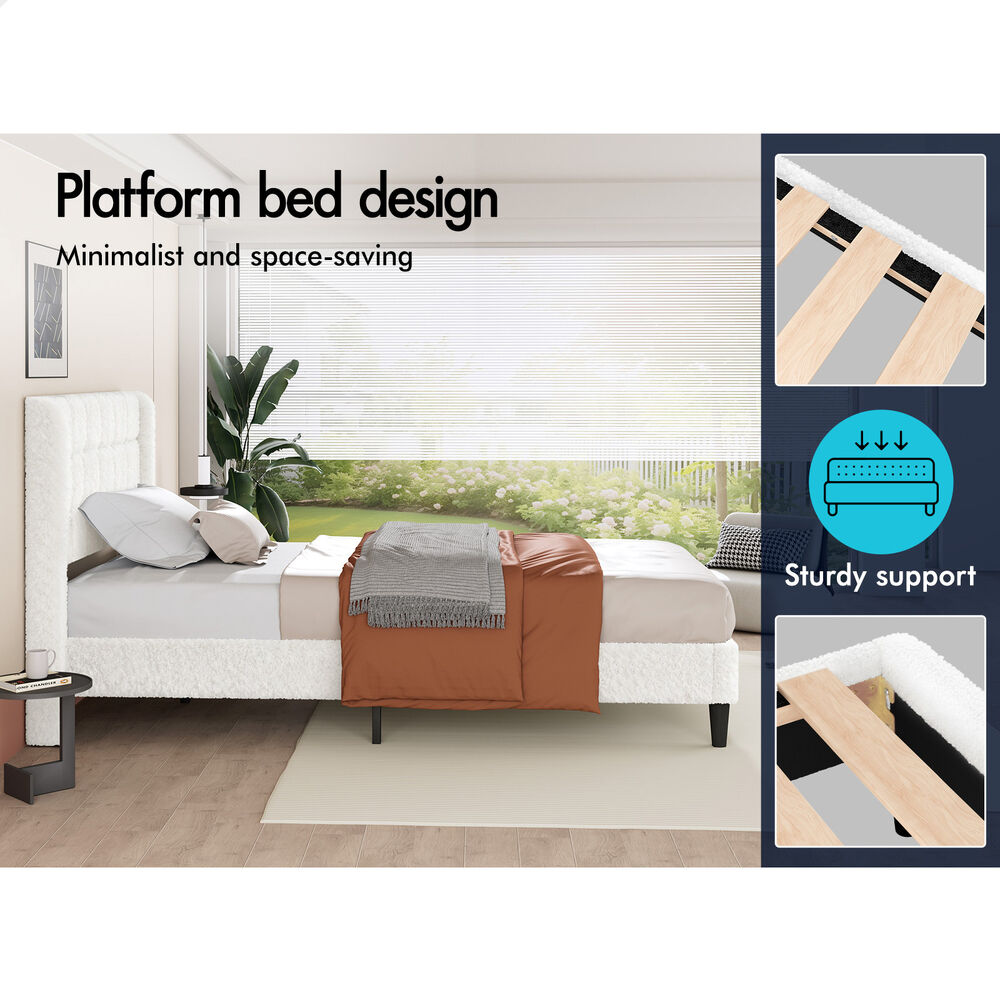 ALFORDSON Bed Frame King Single Upholstered Wingback Boucle White Mattress Base
