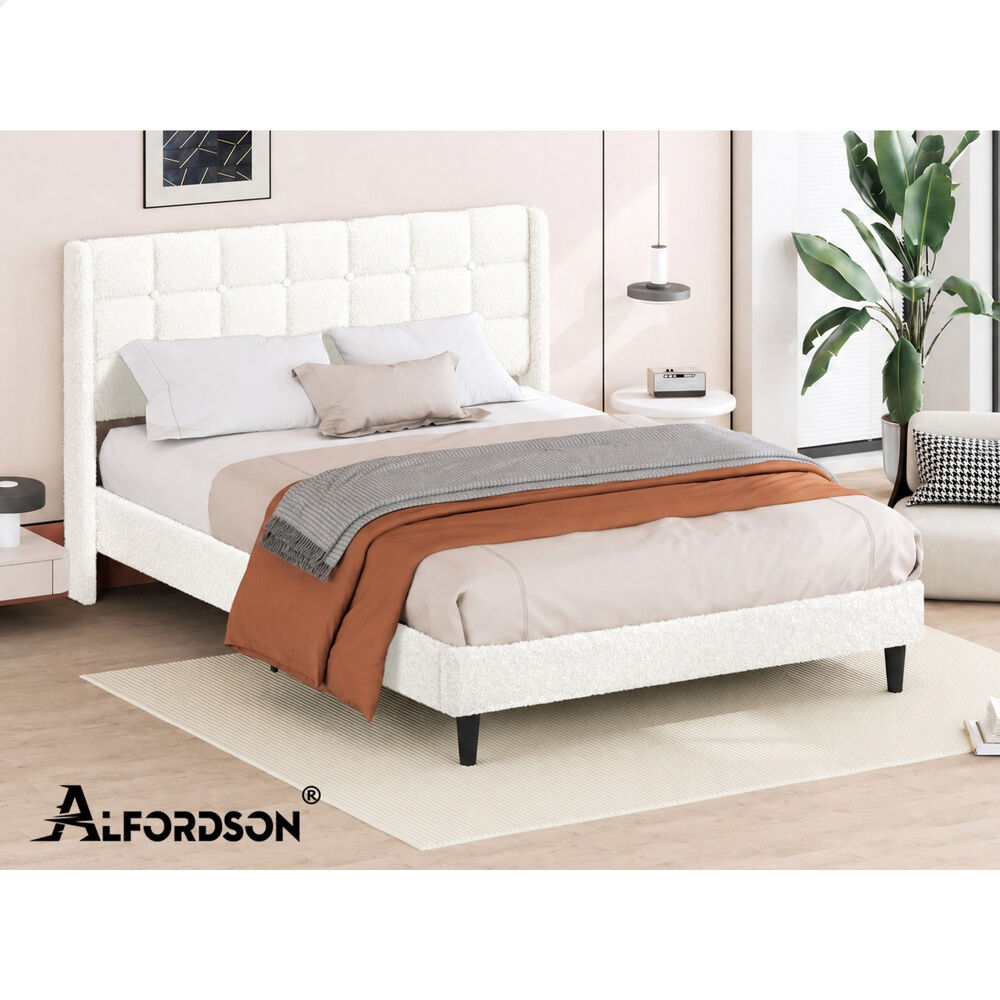 ALFORDSON Bed Frame Queen Size Upholstered Wingback Boucle White Mattress Base