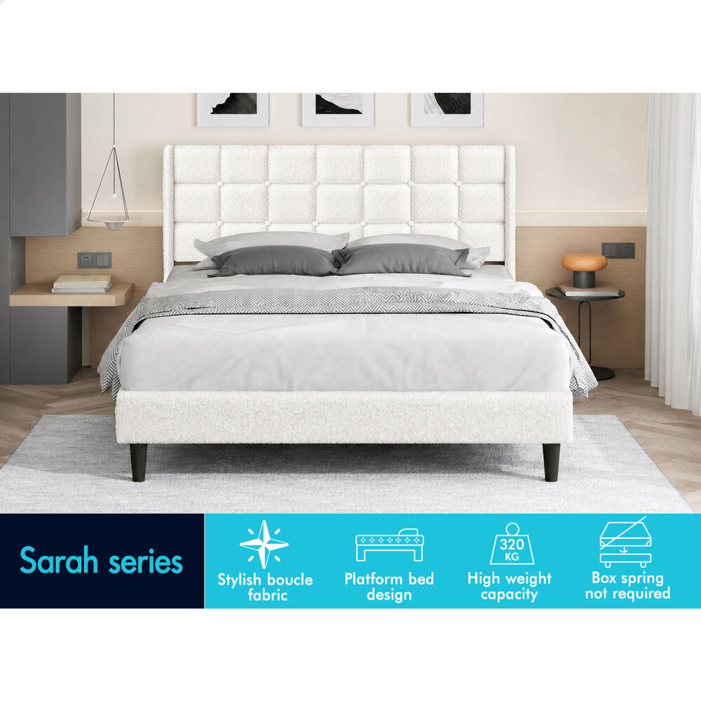ALFORDSON Bed Frame Queen Size Upholstered Wingback Boucle White Mattress Base