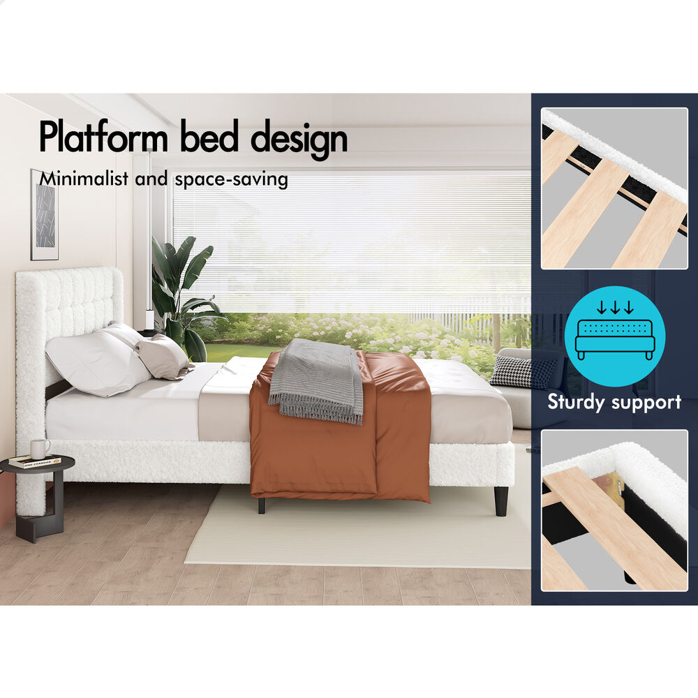 ALFORDSON Bed Frame Queen Size Upholstered Wingback Boucle White Mattress Base