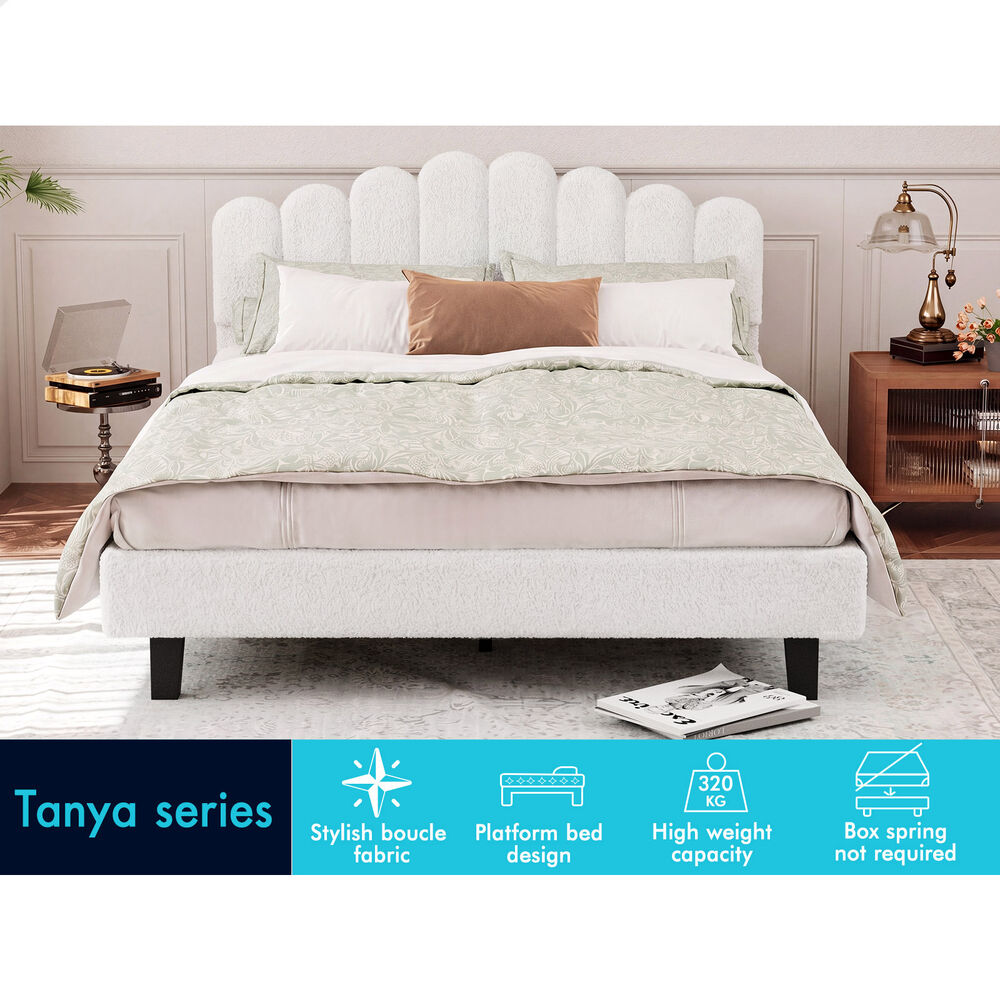 ALFORDSON Bed Frame Double Size Boucle White Mattress Base