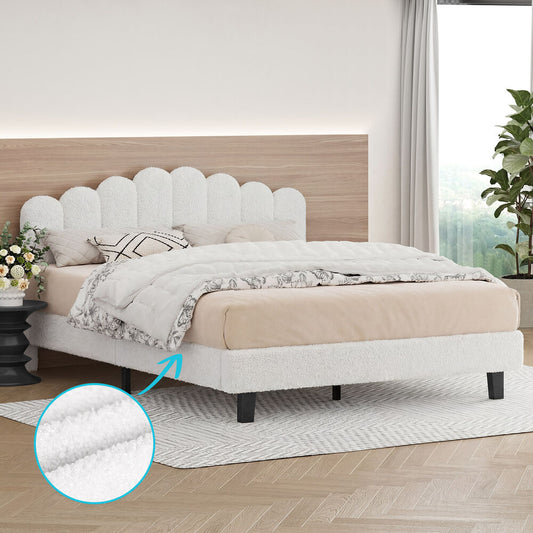 ALFORDSON Bed Frame Double Size Boucle White Mattress Base